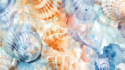Vibrant watercolor underwater scene with shells. Colorful seashell background for prints, depicting the beauty of the underwater world.  - obrazy, fototapety, plakaty