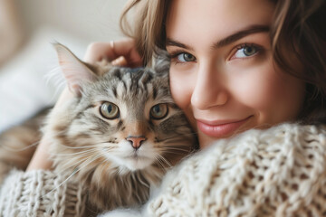 Happy people at home with favorite pet , love and friendship of human and animal, Young woman embracing cat with love