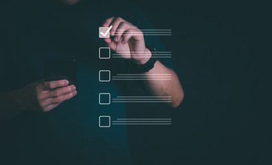 Businessmen mark check blocks to verify the correctness and approve or accept the agreement. in digital documents Concept of working via the internet