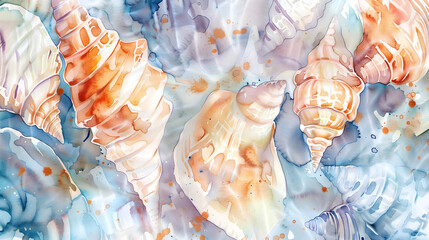 Vibrant watercolor underwater scene with shells. Colorful seashell background for prints, depicting the beauty of the underwater world. Beach aesthetics. Watercolor texture.