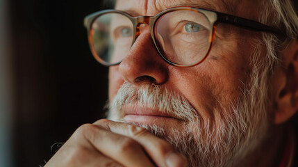 Older man wearing glasses is holding his chin with one hand while looking off into the distance. Contemplation.