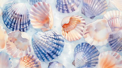 Beautiful watercolor blue underwater backdrop with shells. Watercolor blue seashells in an underwater setting.  Colorful seashells create a vibrant print design. - obrazy, fototapety, plakaty