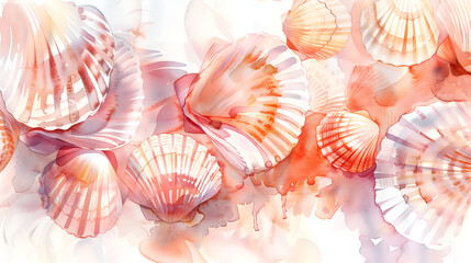 Underwater scene in watercolor, featuring shells. Vibrant seashell background for print designs, capturing the colorful underwater world. Seamless pattern featuring red shells. Beach aesthetics. Water - obrazy, fototapety, plakaty