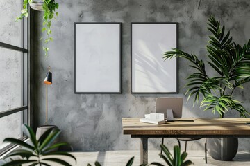 Two vertical frames Mockup hanging on office wall. Mock up of billboards in modern concrete company interior 3D rendering
