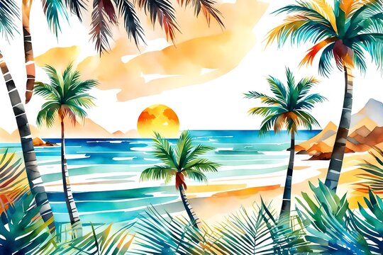 Watercolor painting of palms, palm tree beach with ocean sea, sunset or sunrise