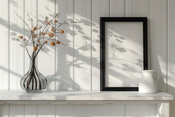 Vertical 8x10 Black frame mockup. Black frame poster on a white wooden shelf and white wall. 3D illustrations