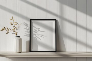 Vertical 8x10 Black frame mockup. Black frame poster on a white wooden shelf and white wall. 3D illustrations