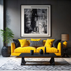 Modern living room with yellow sofa, black and white abstract art and coffee table