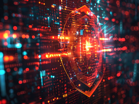 Digital Abstract Shield Deflecting Cyber Attack Security Background Protection Concept.