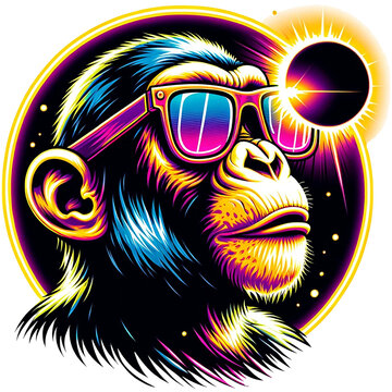Monkey wear glasses and watch Solar Eclipse cartoon clipart. AI generate