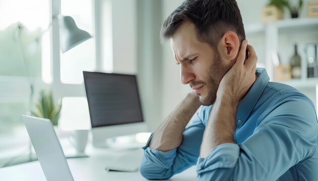 Man holding sore neck while using notebook computer in white office