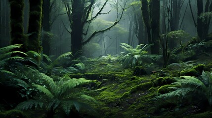 A dense forest with a carpet of green ferns covering the forest floor, creating a lush and magical...