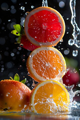 Fruit cut into 4 pieces flying through the air with a splash