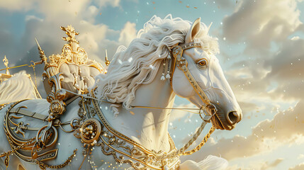 A majestic white horse pulls a chariot fit for kings, adorned with golden accessories that exude opulence and regal splendor. This scene evokes a sense of grandeur and nobility, capturing the essence 