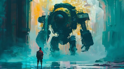 Colossal Futuristic Mech Looming Over Devastated Cyberpunk Cityscape in Dramatic Dystopian Sci-Fi Landscape - obrazy, fototapety, plakaty