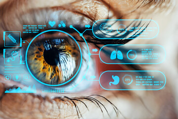 Hi tech biometric security scan, Close up of woman eye in process of scanning - 766386874