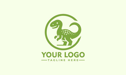 A dinosaur logo with the t-rex log in the center. The dinosaur is green and has a smile on its face