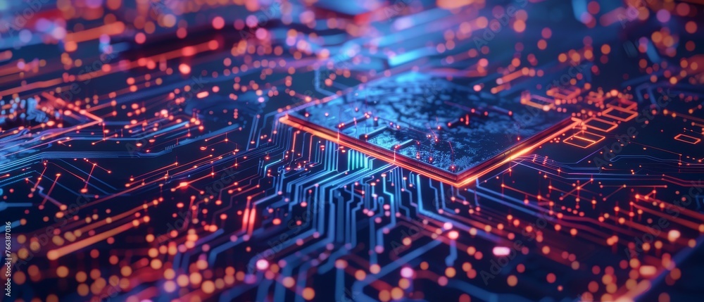 Poster Visualization of advanced technology concepts: Circuit boards with CPU processors and microchips that begin digitalization of neural networks and cloud computing. Digital lines move data.