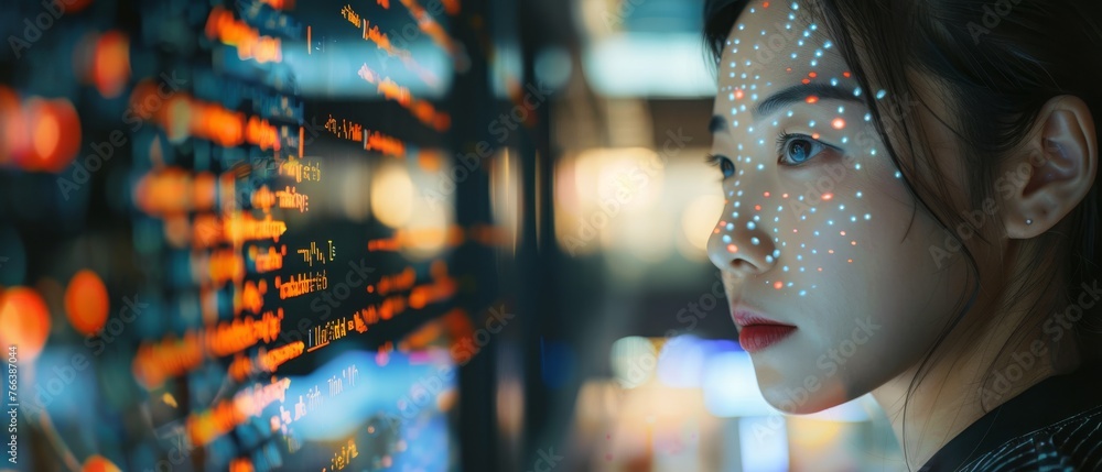 Aufkleber This is a portrait of an Asian woman working at her desk with a computer, and line of code reflecting on her face. She is developing a revolutionary e-commerce app that uses AI and big data.