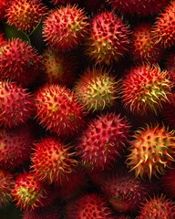 Rambutans being canned, bright light, top view, vibrant reds, detailed texture , digital photography