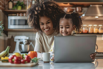 Low Angle photo of a Mother with kid collaborate over a laptop in a well-lit, contemporary kitchen, sharing smiles and a casual work moment - obrazy, fototapety, plakaty
