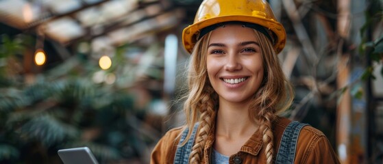 An image of a happy woman holding a tablet computer and a hard hat in the sunshine