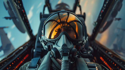 fighter jet pilot portrait in helmet in the cockpit - obrazy, fototapety, plakaty