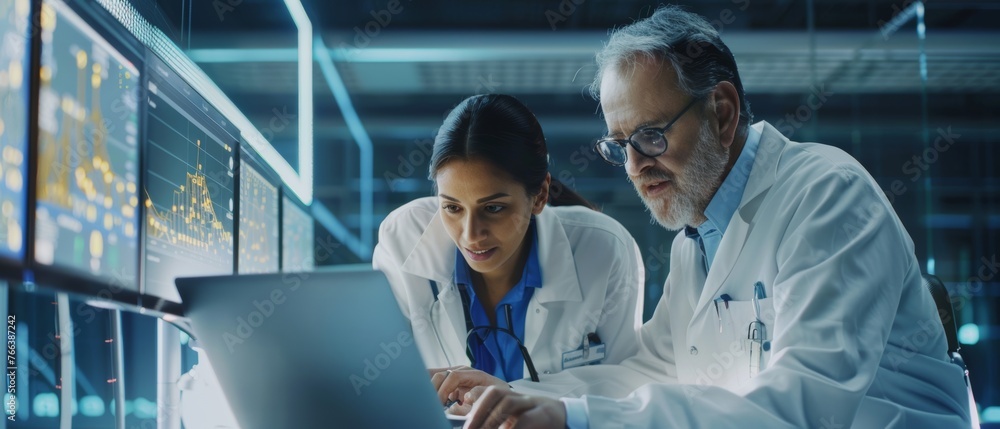 Fototapete Male and female engineers using laptop computers to analyze and discuss Artificial Intelligence Software. Chatting casually in high tech research office.