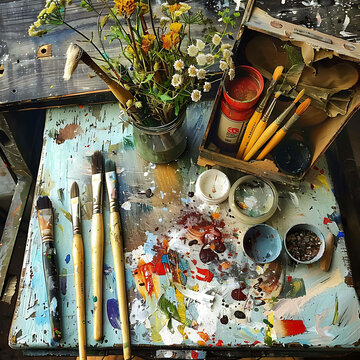 still life with brushes and paints