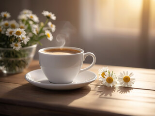 Cup of coffee with chamomile flowers on wooden table