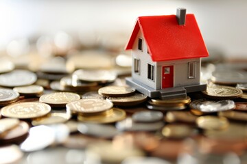 Miniature House on a Pile of Diverse Coins, A small red-roofed house model atop mixed currency coins