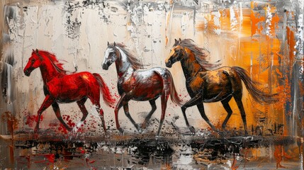 Obraz premium An abstract modern painting with metal elements, a texture background, animals, horses, etc.....