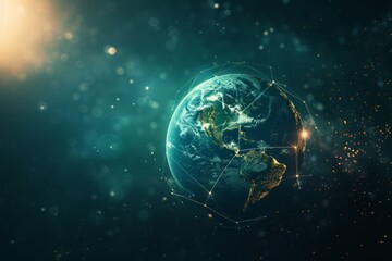 Fototapeta premium Digital Earth Network with Glowing Connection Lines, A digital globe showcasing network connectivity with shining lights