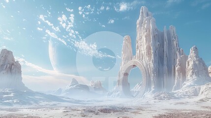 Captivating Frozen Realm of Fantastical Ice Castles and Soaring Spires in a Winter Wonderland - obrazy, fototapety, plakaty