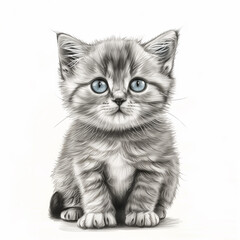 Front view black and white portrait in drawing style of a cute kitten