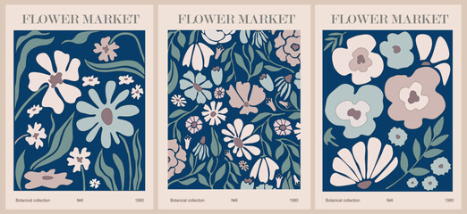 Set of abstract Flower Market posters. Trendy botanical wall arts with floral design in navy and blue colors. Modern naive groovy funky interior decorations, paintings. Vector art illustration.