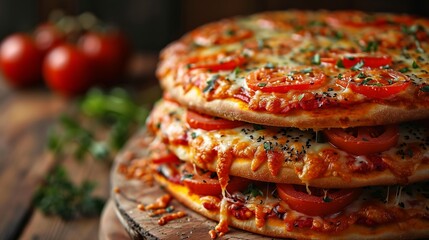 Freshly baked cheese pizza with sliced tomatoes and basil, sprinkled with black sesame seeds on a wooden board, ideal for food-related content and Italian cuisine themes - obrazy, fototapety, plakaty
