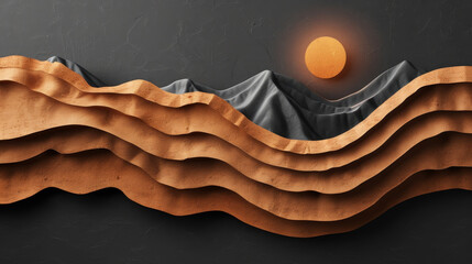 Velvety waves undulate under a minimalist orange sun. - obrazy, fototapety, plakaty