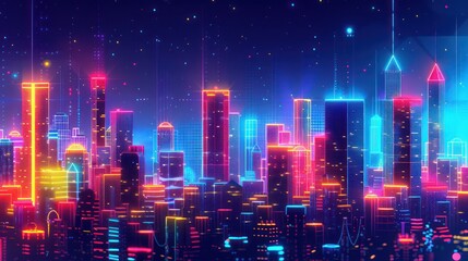 A cyberpunk concept with colorful neon lights creates a futuristic cityscape background.
