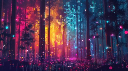 Futuristic background with neon data streaming up from the forest, featuring vivid colors and pixel art