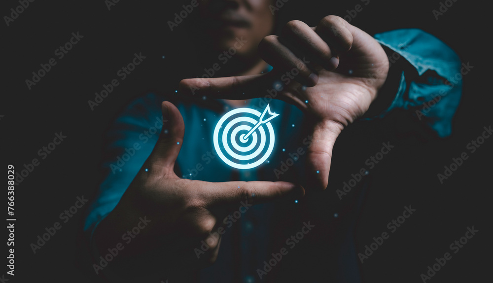 Poster businessman hand making frame round dartboard with arrow for business achievement objective goal and