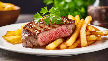 Medium-rare steak served on a white plate with crispy golden fries.