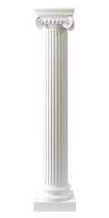 Old classic greek column of white marble, with lines and ornaments on the capital. 3D design isolated on a blank transparent background in PNG