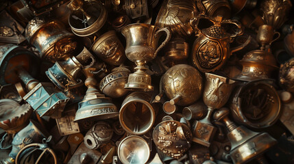 Ancient medieval treasures with golden metal chalices and cups, seen from above - the wealth of a monarch or a pirate.