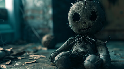 Ragged voodoo doll or toy with patches and without eyes, abandoned in a creepy and sinister room, awaiting for a malevolent magical ritual