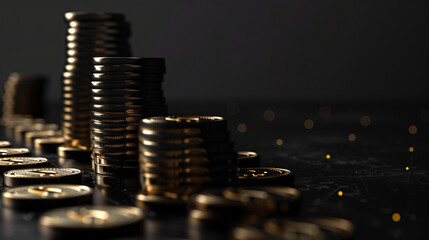 Golden coins stacked in various heights on a dark surface, illuminated to highlight engravings and details, with a bokeh background.