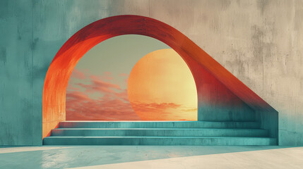 Obraz na płótnie Canvas Surreal red arch creating a bold entrance into beautiful sunset.