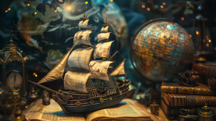 Scene for an adventure novel or a travel tale, with a pirate ship on an open book, several volumes on one side, and a world map. Imagination and creativity through reading
