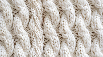 Intricate white chunky knit fabric pattern, ideal for a cozy aesthetic with a focus on warmth and softness. Closeup texture