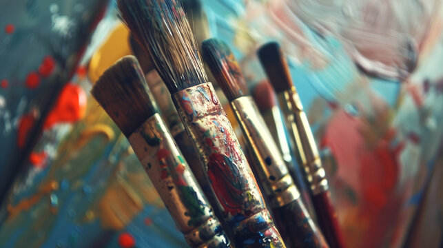 close-up painter's brushes stained with paint, and in the background a canvas painted with acrylic or oil - artistic wallpaper from a workshop